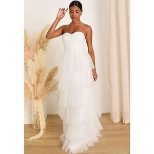 LULUS Phenomenal Passion White Tulle Pleated Strapless Maxi Dress Small